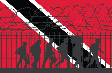 Fototapeta premium Flag of Trinidad and Tobago - Refugees near barbed wire fence. Migrants migrates to other countries.