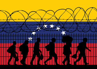 Flag of Venezuela - Refugees near barbed wire fence. Migrants migrates to other countries. - obrazy, fototapety, plakaty