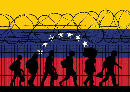 Flag Of Venezuela - Refugees Near Barbed Wire Fence. Migrants Migrates To Other Countries.