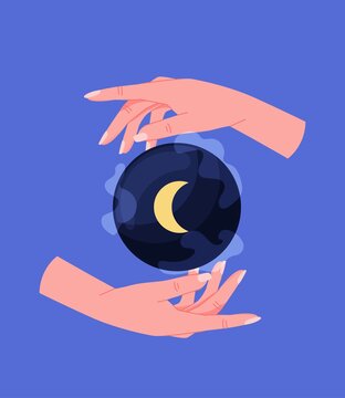 Mystical esoteric hands. Sorceress, whitch and fairyholds mystical ball with moon, performs ritual. Esotericism, sorcery, magic and witchcraft, intangible energy. Cartoon flat vector illustration