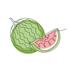 One single line drawing sliced healthy organic fresh water melon colorful logo Modern continuous line draw design vector graphic illustration