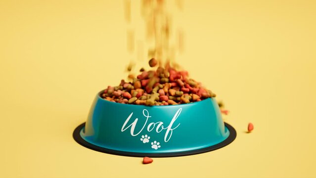 A cute dog bowl with dog food. Colourful bone shape dry kibble fill the pet bowl