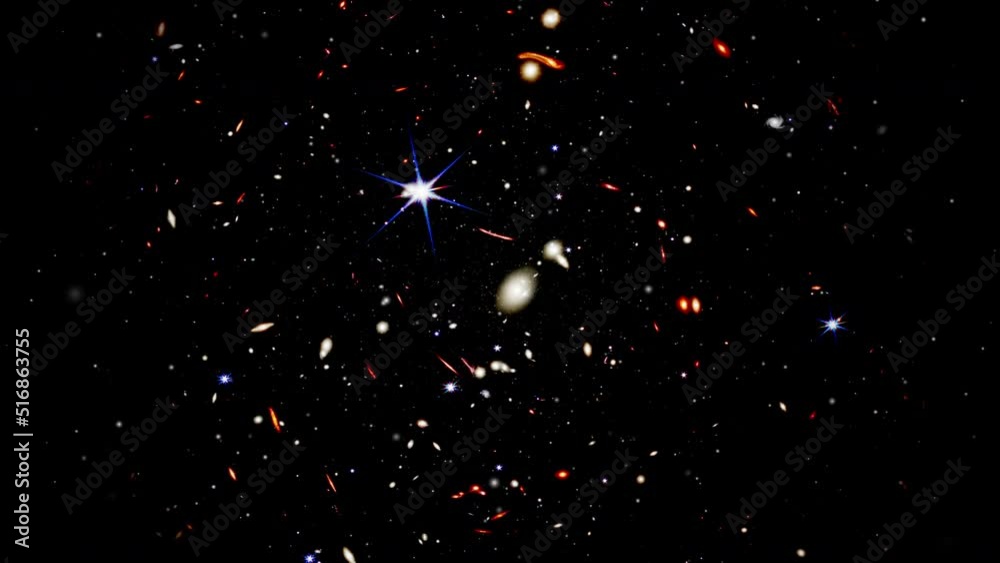 Wall mural wide field video of the deepest universe. zooming into thousands of galaxies in a tiny sliver of the