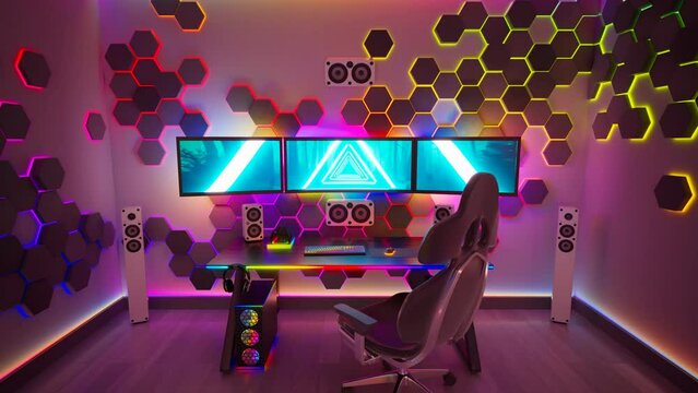 Vivid colorful animation with a gaming room. Powerful computer set for gamers.