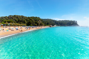 View from the clear turquoise sea as the fog breaks at morning along the Cala Santa Cristina sandy beach on the Costa Brava coast in Lloret de Mar, Spain.