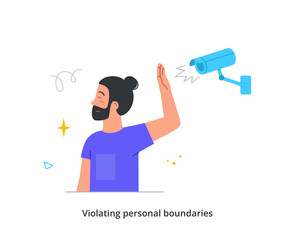 Person violating personal boundaries. Man covers face from cameras and protects his personal space in society. Male character cares about his privacy. Cartoon flat vector illustration in doodle style