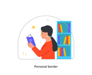Person setting personal boundaries. Woman with personal space reads books in library. Character defends her comfort when interacting with society. Cartoon flat vector illustration in doodle style
