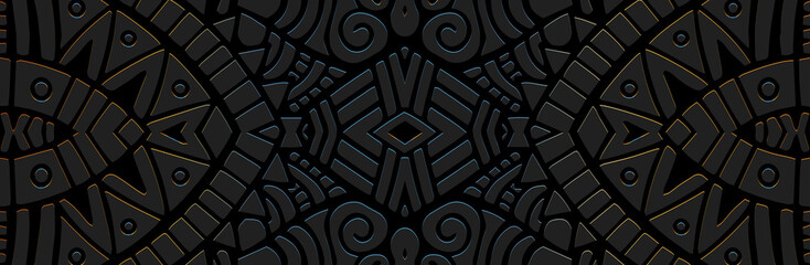 Banner, cover design. Embossed ethnic unique 3D pattern on a black background. Tribal fantasy ornaments of East, Asia, India, Mexico, Aztecs, Peru for websites, presentations.