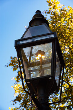 gas lit Lamppost closeup, on Beacon Hill,  Boston, Massachusetts