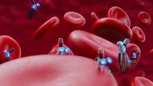 Futuristic concept of nanobots repairing human blood cells.  CGI animation. 4K