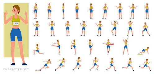 Big Set of Runner woman character vector design. Presentation in various action with emotions, running, standing and walking.