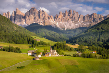 Fototapeta na wymiar Landscape of St Magdalena with church in Dolomites, Northern Italy