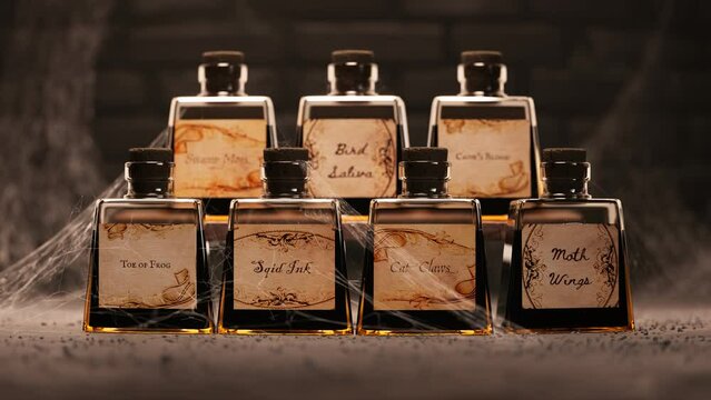 Magic potions in glass bottles. Witchcraft elixir ingredients covered in dust