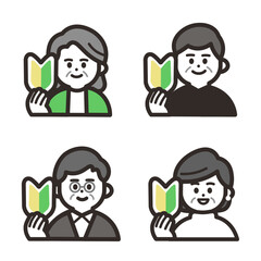 初心者マークを持つ高齢者アイコンセット green