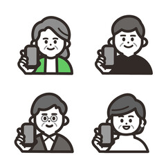 携帯を持つ笑顔の高齢者アイコンセット green