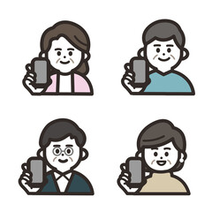 携帯を持つ笑顔の高齢者アイコンセット