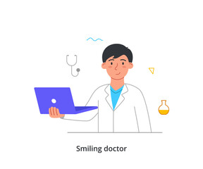 Smiling medical worker. Smiling male doctor holds laptop and communicates with patient online. Remote consultation with therapist or telemedicine. Cartoon flat vector illustration in doodle style