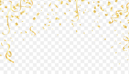 Falling shiny golden confetti isolated on transparent background.VIP flying sparkle elements, gold foil texture serpentine streamers confetti falling new year vector.