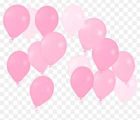 Realistic Helium Vector Balloons pink Color Happy Birthday, in transparent background New Year Party Decoration.  Air Helium Balloons. Celebration,