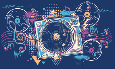 Colorful music design - drawn turntable with vinyl disks and musical notes - obrazy, fototapety, plakaty