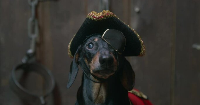 Portrait of funny dachshund dog in tricorn hat and with eye patch, wearing red jacket with gold trim of the Victorian era, who is waiting and licking its muzzle. Carnival costumes for pets