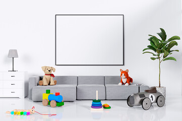 Mockup picture frame in a kid play room. 3d rendered illustration.