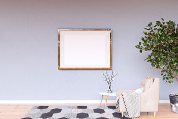 Interior living room decoration with mockup picture frame, 3d rendered illustration.