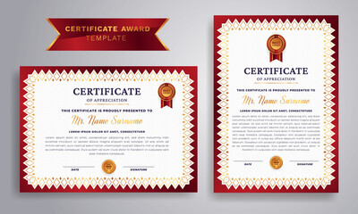 Premium and luxury gold and red certificate with gold badge and border vector template. Clean modern certificate with gold badge. 