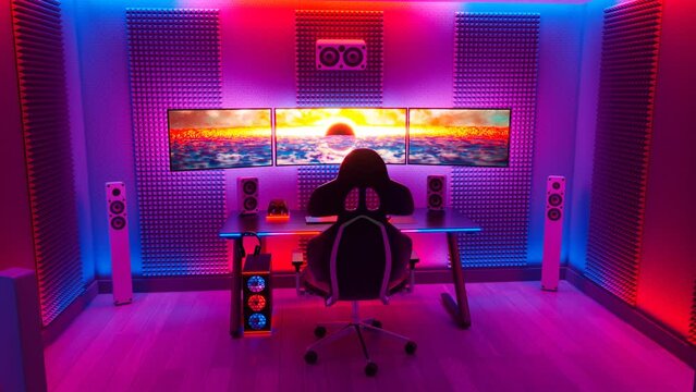 Vivid colorful animation with a gaming room. Powerful computer set for gamers.
