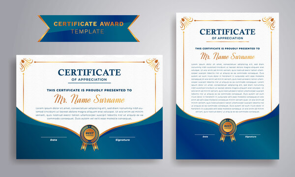 Blue and gold certificate of appreciation border template with luxury badge and modern line pattern. For award, business, and education needs. Diploma certificate of appreciation award Template.