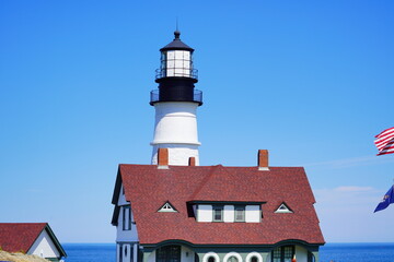 Portland, Maine, USA - 07 03 2022: The Portland Head Lighthouse in Cape Elizabeth, Maine, USA