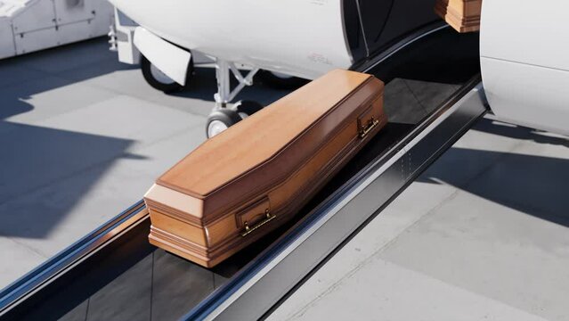 Coffins on the conveyor belt. Transport to the aircraft compartment. Boarding.