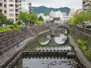 Naklejka premium Meganebashi, the most remarkable of several stone bridges that span the Nakashima River in downtown Nagasaki