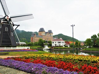 the cityscape of flowers and windmill