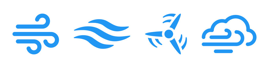 Wind icon set in blue design. Vector line art illustration isolated on white background - obrazy, fototapety, plakaty