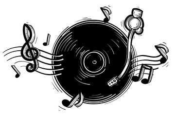 Obraz premium Musical melody - black and white drawn vinyl turntable and notes