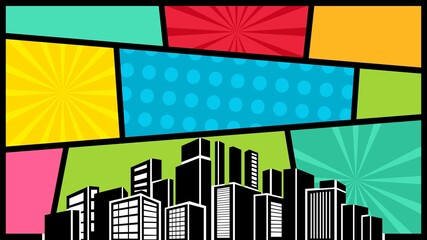 Comic background with city silhouette