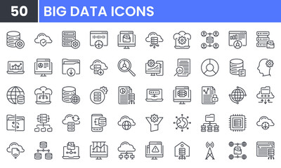 Big Data vector line icon set. Contains linear outline icons like Database, Data Analysis, Server, Cloud Computing, Network, File, Hosting, Storage, Traffic Analysis, Chart. Editable use and stroke. - obrazy, fototapety, plakaty