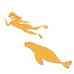 アザラシと泳ぐダイバーの女性のイラスト © 知哉 山岡