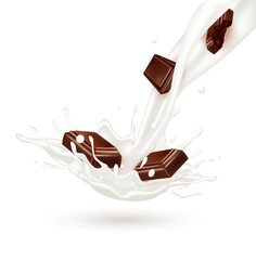 Chocolate milk milk yogurt splashing isolated on white background. Exercises and eat healthy food. Health concept. Realistic 3d vector illustration.