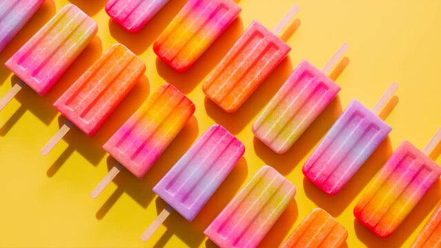 Two rows of colorful popsicles. Summer treat, Fruity ice cream sorbet on a stick