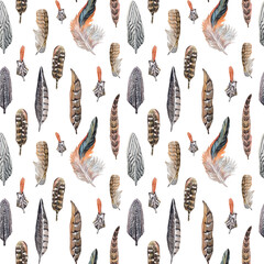 Seamless pattern watercolor blue and orange feather bird cock and owl isolated on white background. Hand-drawn plume. Wildlife tropic art. For sticker wallpaper wrapping. Celebration wedding invite