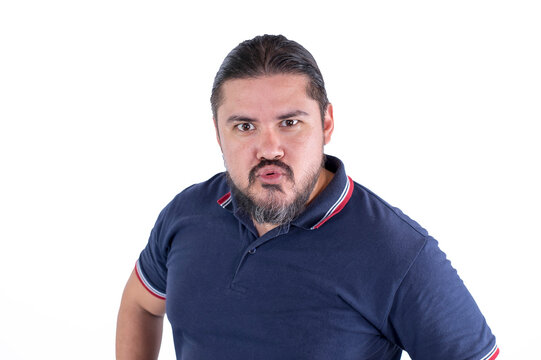 A funny looking man staring and ogling at someone. A pervert catcalling. Isolated on a white background.