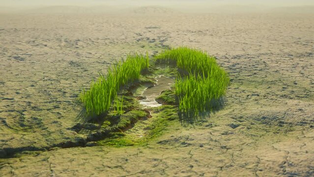 Dry desert slowly turns into a lush green meadow because of gathering water 4KHD