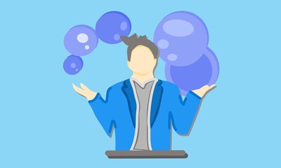 Vector illustration. The magician plays several purple balls that range in size from small to large on a bluish green background