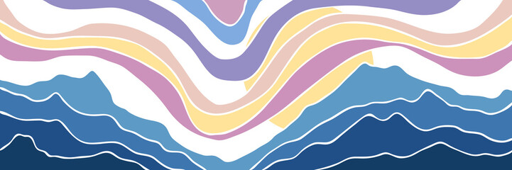 Stylization of mountain landscape, ridges and sunset sky, vector illustration