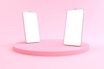 3D rendering of The Smartphones white screen on Round pink Pedestal, Mobile phone mockup tilted to the ground. Pedestal can be used for commercial advertising, Isolated on Minimal pink background.