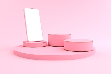 3D rendering of The Smartphones white screen on Round pink Pedestal, Mobile phone mockup tilted to the ground. Pedestal can be used for commercial advertising, Isolated on Minimal pink background.
