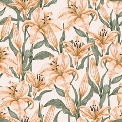 Large lily flowers. Vintage seamless pattern in a watercolor style. Pastel colors.