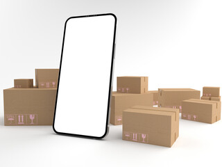 3D rendering of Smartphones white screen surrounded by variety of cardboard box and boxes of various sizes. Concept of money, Business on mobiles, concept Online delivery, isolated on white background